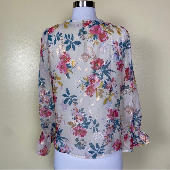 LOFT Floral Metallic Poet Ruffle Sleeve Blouse XSP - Picture 9 of 13